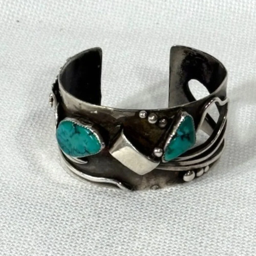 Signed Edison Piaso heavy gauge silver and Sonoran Gold turquoise cuff bracelet.